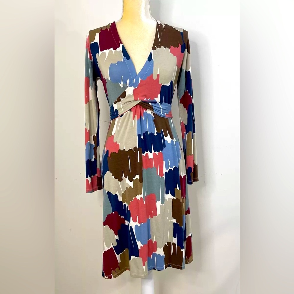 Boden Size 10 Multicolor Abstract A-line Wrap Dress Long Sleeves Stretch
